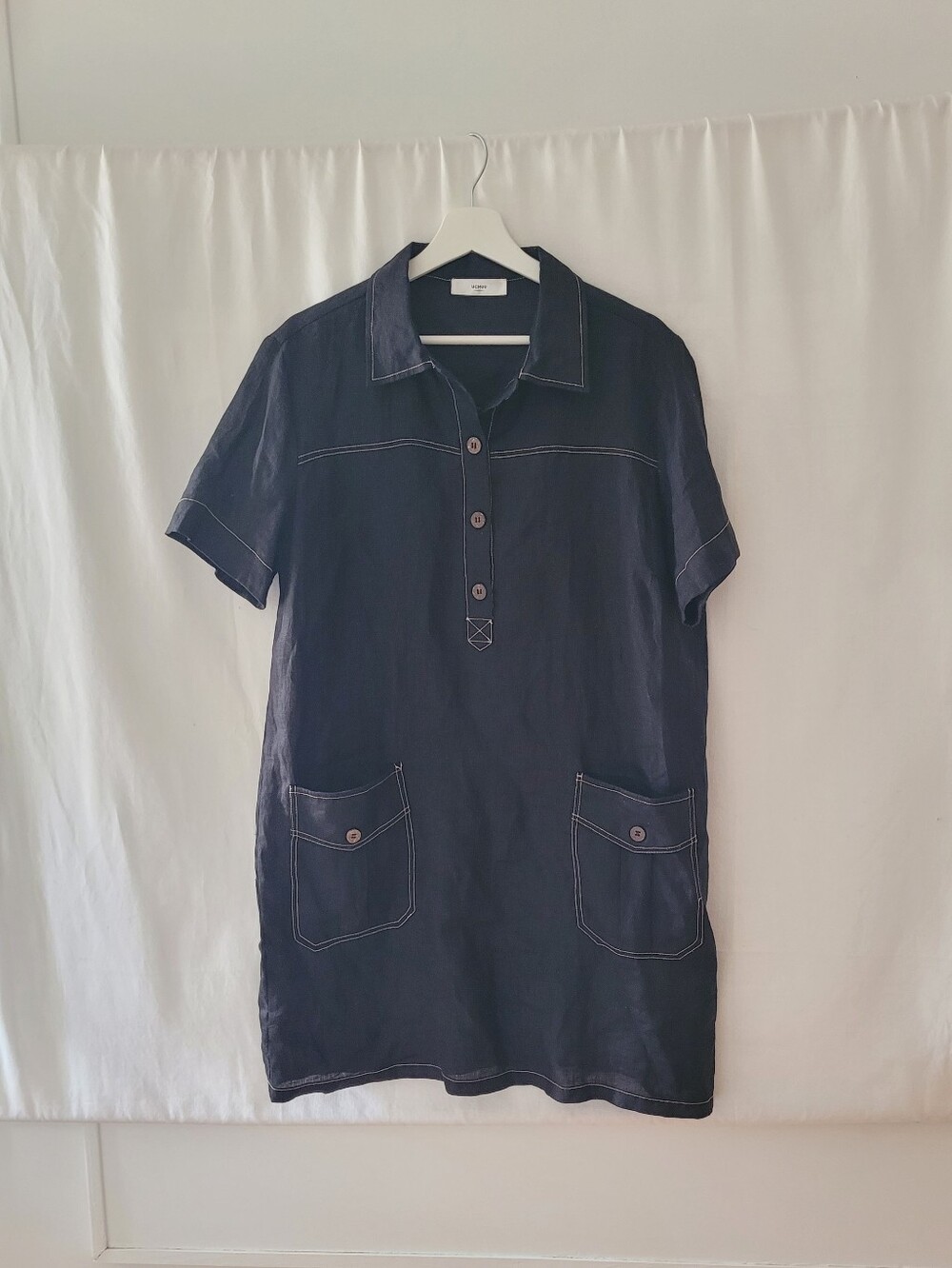 100% Linen Uchuu Black Oversized Collared Dress With Pockets White Topstitch